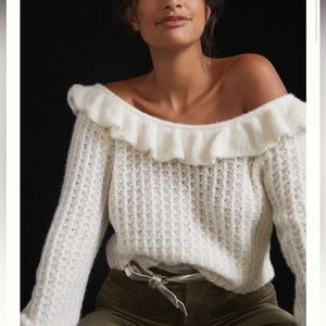 Anthropologie Ruffled Boat Neck Knit Sweater